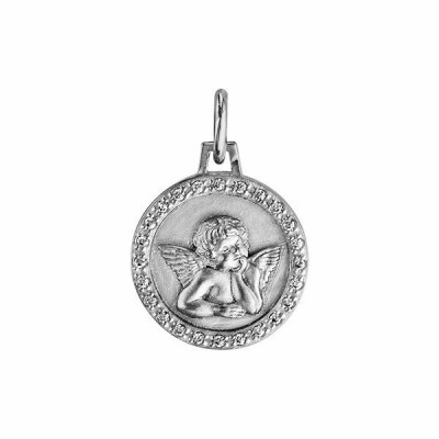 Pendentif argent rhodié rond 15mm ange contour oxydes blancs sertis