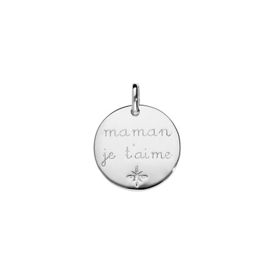 Pendentif Pastille Maman Je T'Aime en argent rhodié et oxydes de zirconium