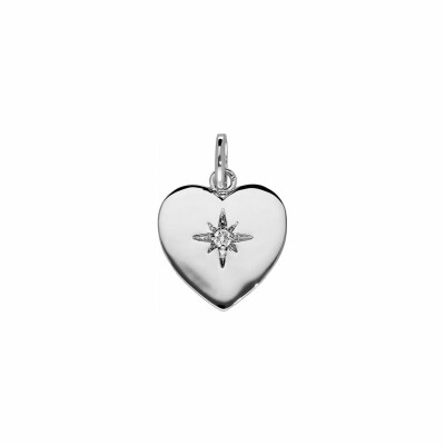 Pendentif en argent rhodié et forme cœur et serti d'une étoile en oxyde de zirconium blanc