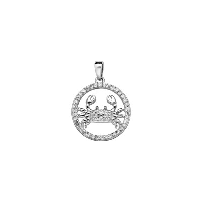 Pendentif zodiaque Cancer rond contour sertis en argent rhodié et oxydes de zirconium