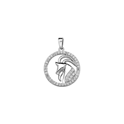Pendentif zodiaque Capricorne rond contour sertis en argent rhodié et oxydes de zirconium
