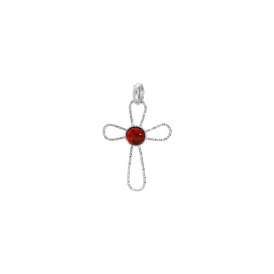 Pendentif croix Cabochon en argent rhodié et ambre