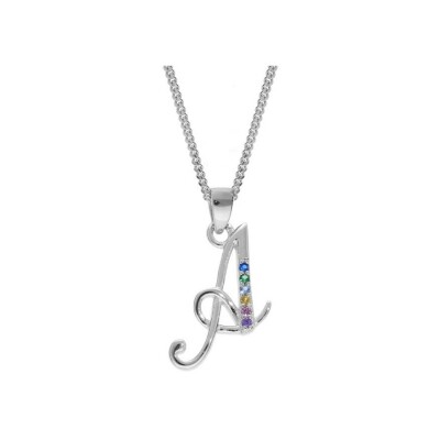 Collier argent rhodié pendentif initiale A oxydes multi couleurs sertis 42+3cm