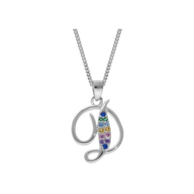 Collier argent rhodié pendentif initiale D oxydes multi couleurs sertis 42+3cm