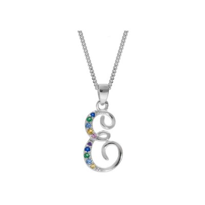 Collier argent rhodié pendentif initiale E oxydes multi couleurs sertis 42+3cm
