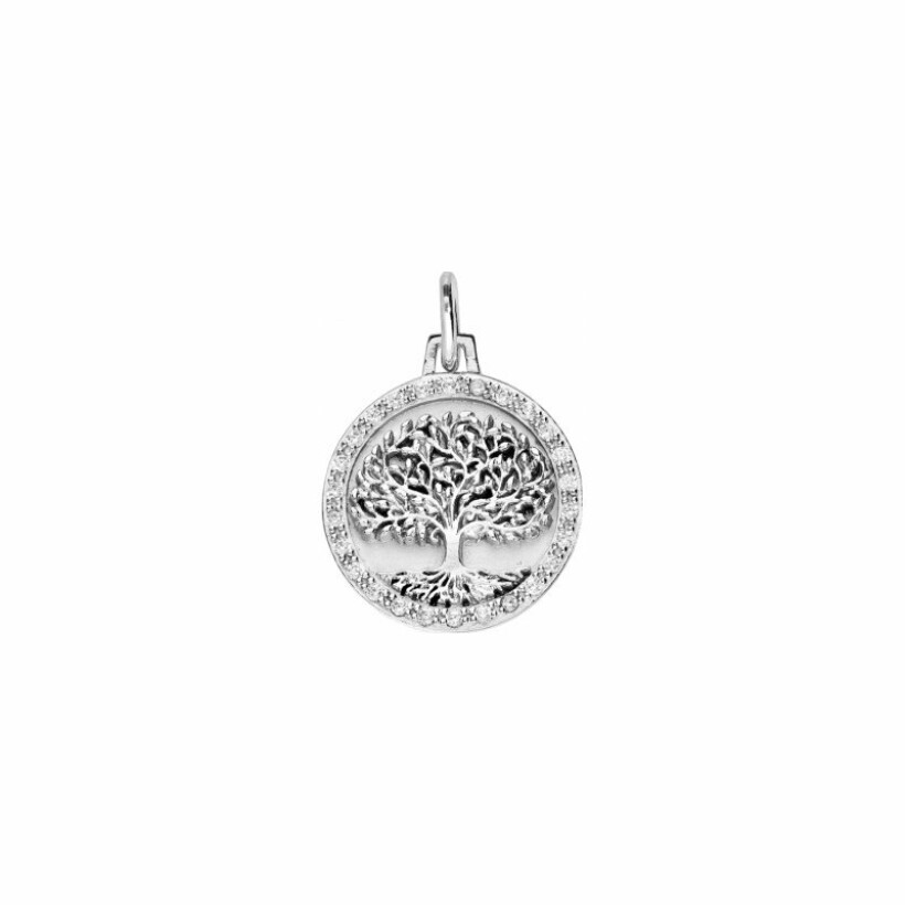 Pendentif en argent rhodié, forme arbre de vie et contour serti d'oxydes de zironium blancs, 16mm