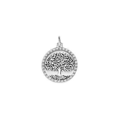 Pendentif rond 20mm Arbre De Vie contour sertis en argent rhodié et oxydes de zirconium