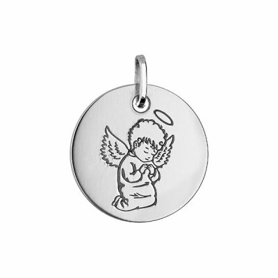 Pendentif argent rhodié médaille ronde gravure ange