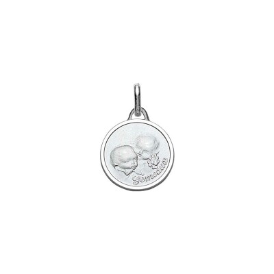 Médaille ronde zodiaque gémeaux pour bébé en argent rhodié