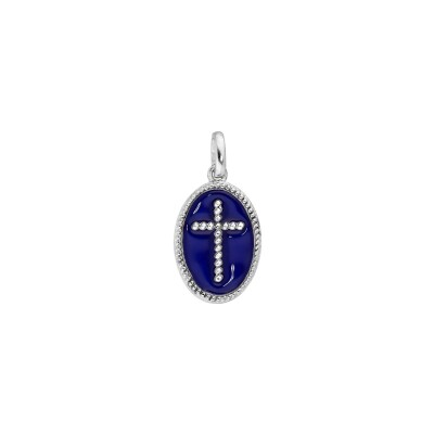 Pendentif ovale croix en argent rhodié et résine bleu foncé
