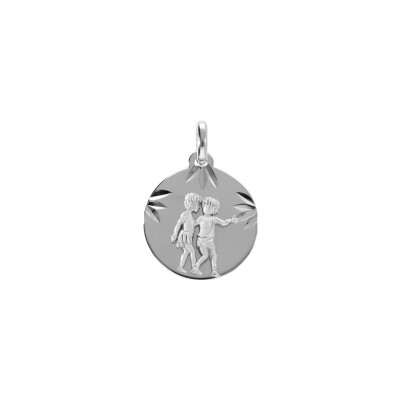Médaille 15mm diamanté zodiaque gémeaux en argent rhodié
