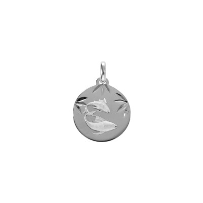 Médaille 15mm diamanté zodiaque Poissons en argent rhodié