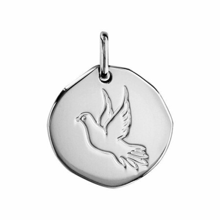 Pendentif argent rhodié galet 18mm avec colombe