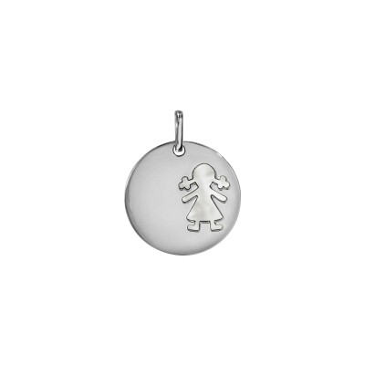 Pendentif rond 25mm motif Fille en argent rhodié et nacre