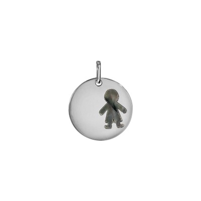 Pendentif rond 25mm motif Garçon en argent rhodié et nacre noire