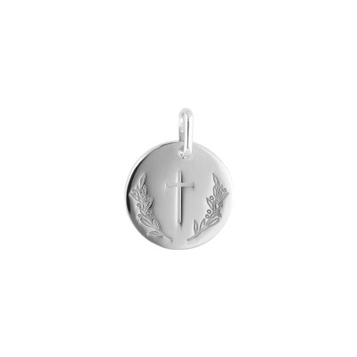 Médaille ronde 15mm croix et Rameau en argent rhodié