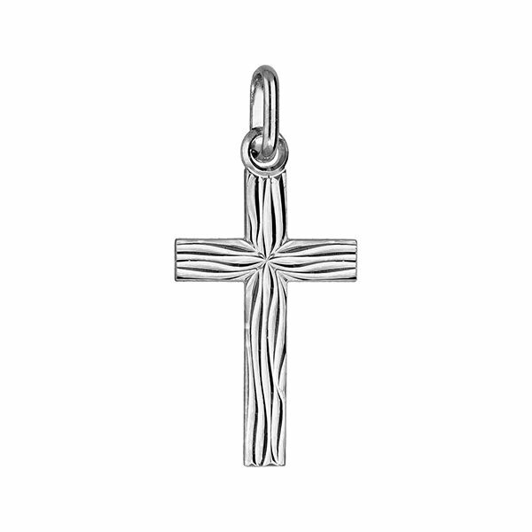 Pendentif moyenne croix argent rhodié, gravure aspect bois