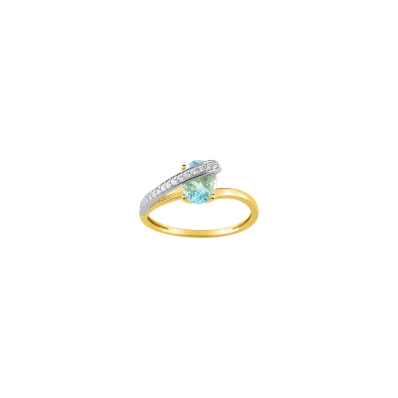 Bague en or jaune, rhodium et aigue-marine