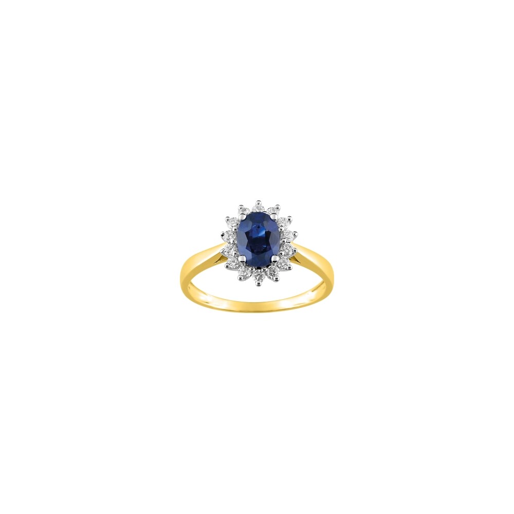 Bague en or jaune, rhodium, saphir et oxydes de zirconium