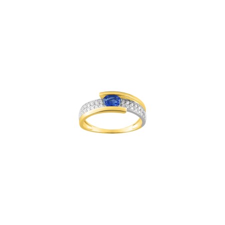 Bague en or jaune, or blanc, saphir et oxydes de zirconium