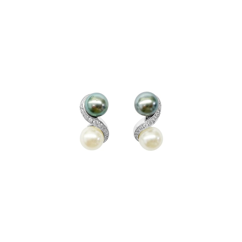 Boucles d'oreilles Isabelle Barrier en or blanc, perles de culture et diamants