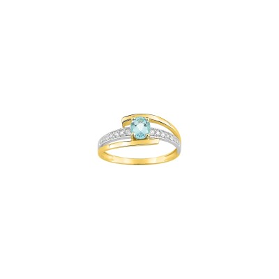 Bague en or jaune, rhodium, aigue-marine et oxydes de zirconium