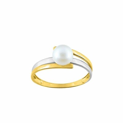 Bague en or jaune, or blanc et perle de culture