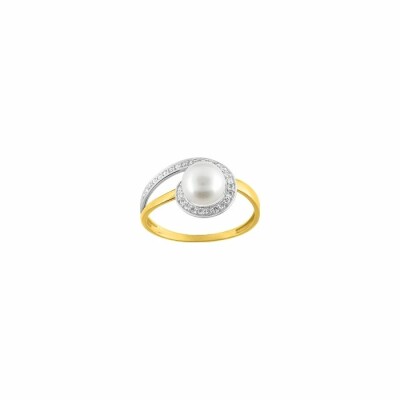 Bague en or jaune, or blanc, oxydes de zirconium et perle de culture