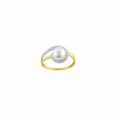 Bague en or jaune, or blanc, oxydes de zirconium et perle de culture