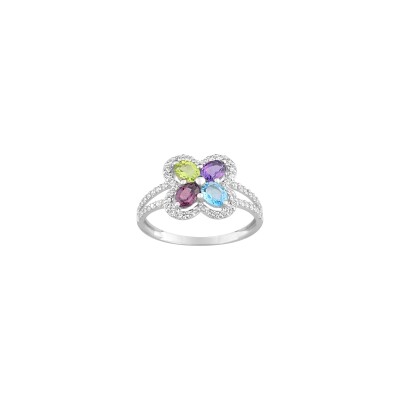 Bague en or blanc, améthyste, péridot, rodolite, topaze bleue et oxyde de zirconium