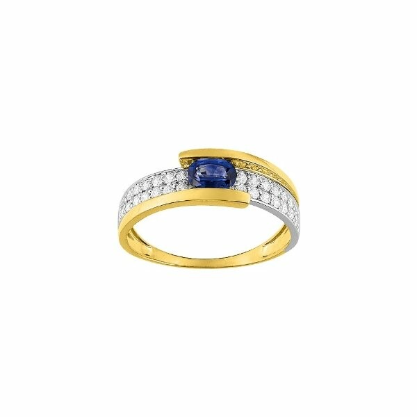 Bague en or jaune, or blanc, saphir et oxydes de zirconium