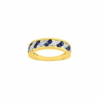 Bague en or jaune, rhodium et diamants et saphirs