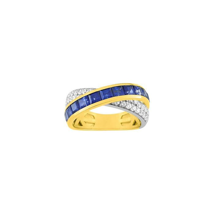 Bague en or jaune rhodié, saphir et oxyde de zirconium