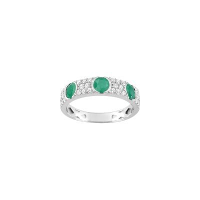 Bague en or blanc, oxyde de zirconium et émeraudes