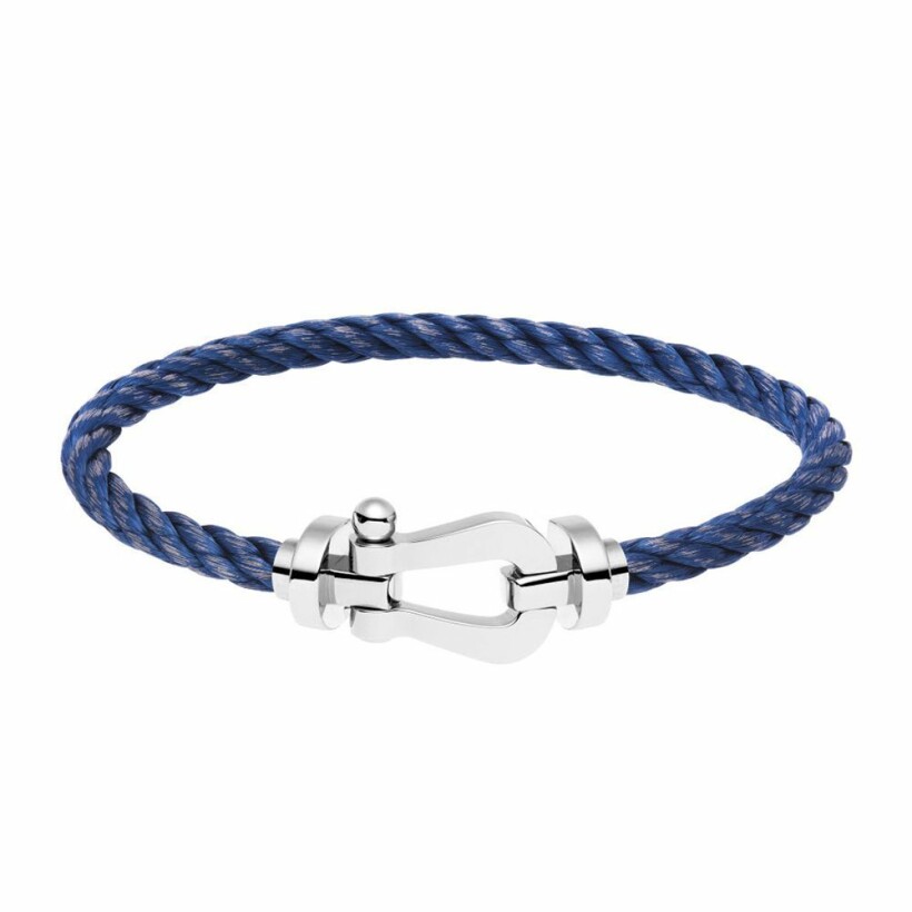 Bracelet FRED Force 10 grand modèle manille en or blanc et câble en acier bleu jean
