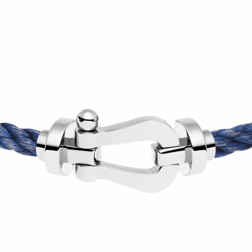 FRED Force 10 bracelet, large size, white gold manilla, denim blue steel cable