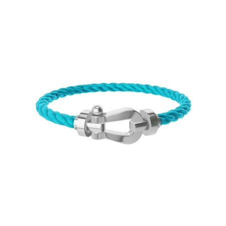 Bracelet FRED Force 10 Grand Modèle en or blanc, câble en corderie bleu turquoise