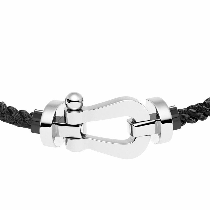 Bracelet FRED Force 10 grand modèle manille en or blanc et câble en corderie noire
