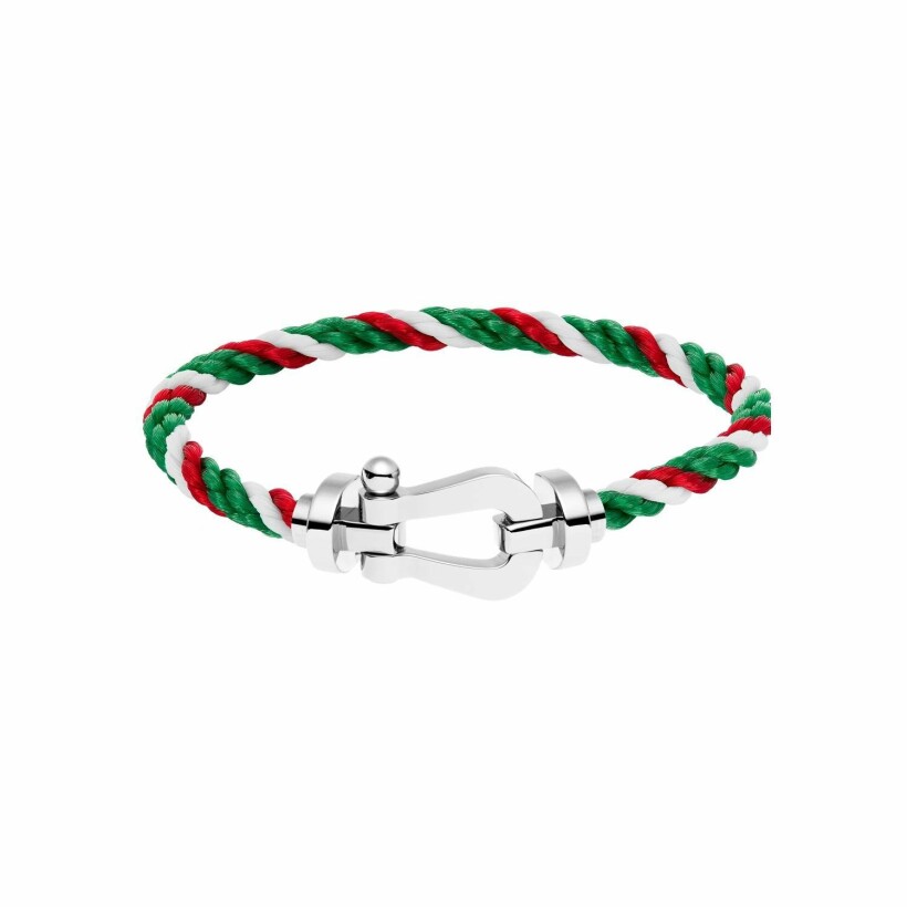 FRED Force 10 bracelet, large size, white gold manilla, green red white rope cord