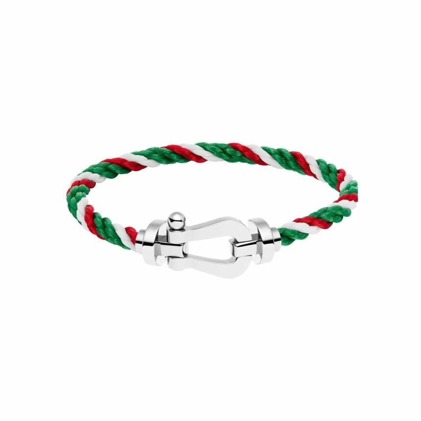 Bracelet FRED Force 10 grand modèle manille en or blanc et câble en corderie vert rouge blanc