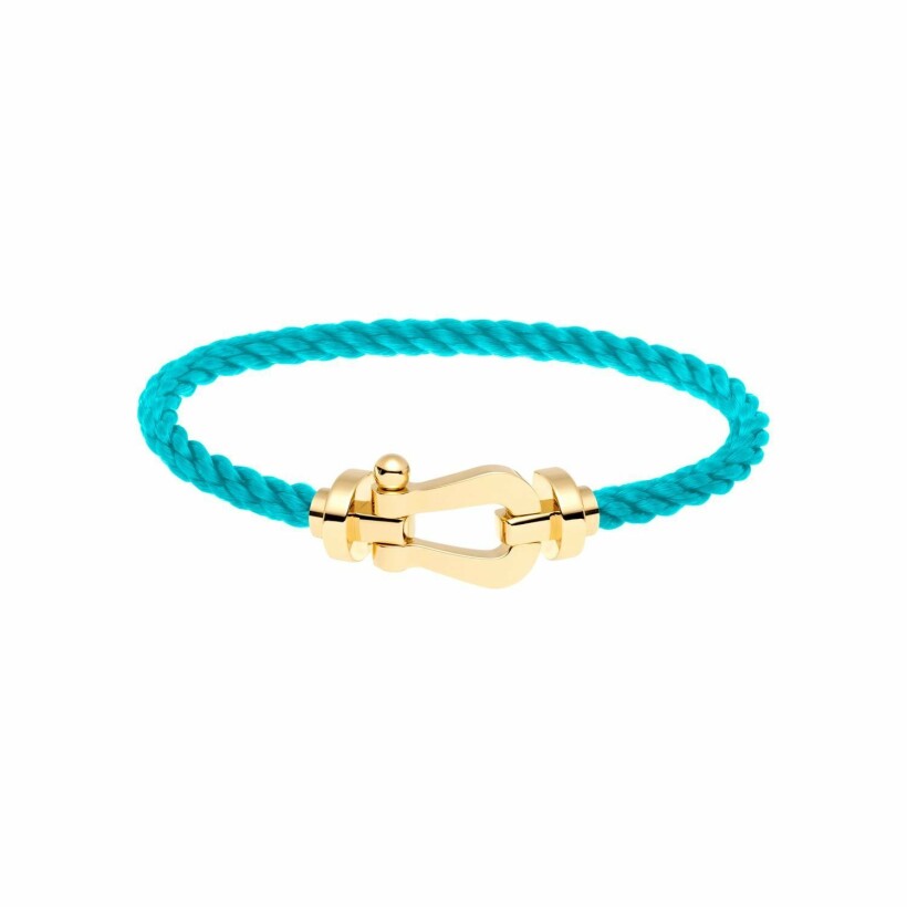 Bracelet FRED Force 10 grand modèle manille en or jaune et câble en corderie turquoise