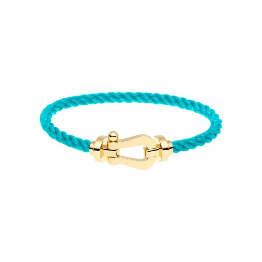 Bracelet FRED Force 10 grand modèle manille en or jaune et câble en corderie turquoise