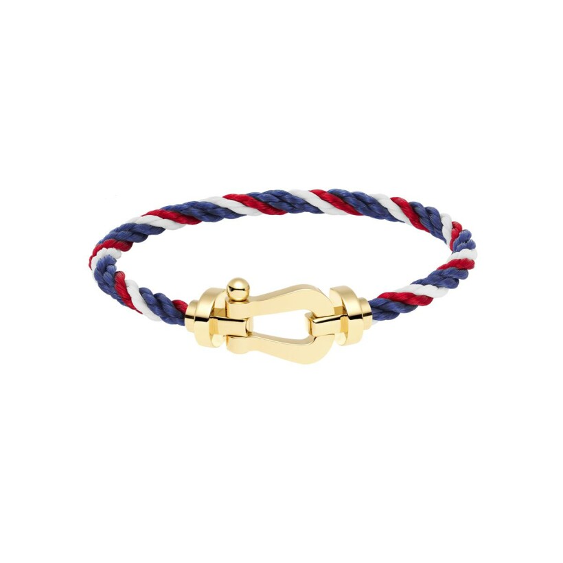 FRED Force 10 bracelet, large size, yellow gold manilla, blue white red rope cord