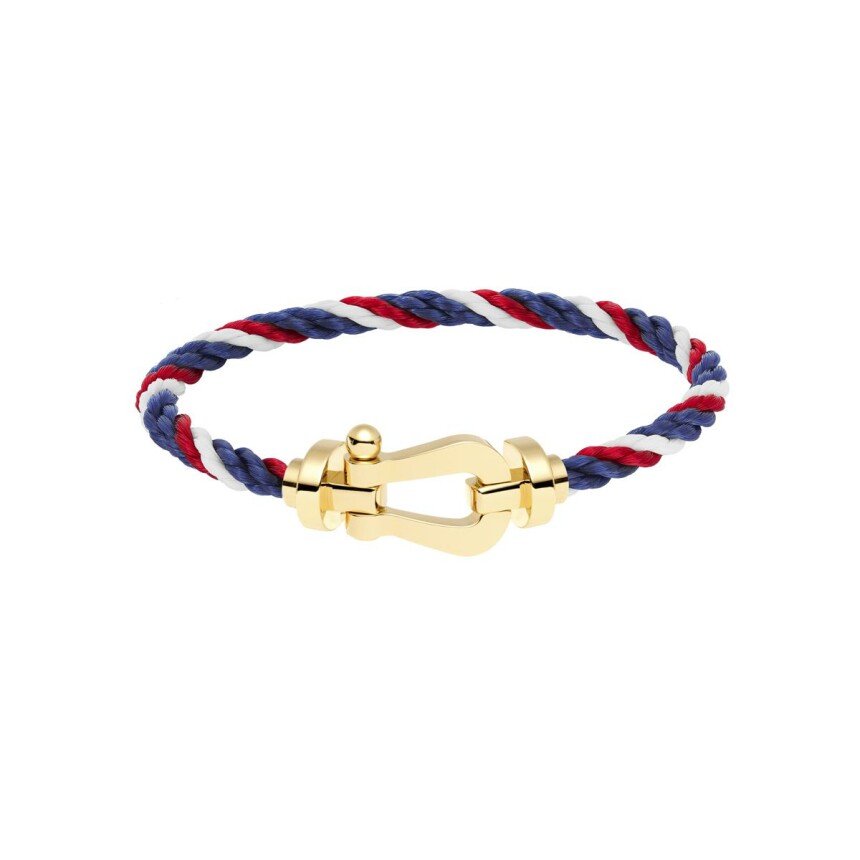 Bracelet FRED Force 10 grand modèle manille en or jaune et câble en corderie bleu blanc rouge