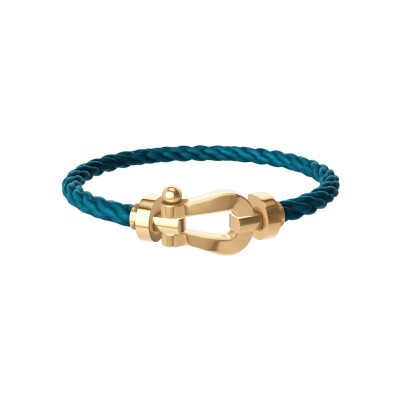 Bracelet FRED Force 10 Grand Modèle en or jaune, câble en corderie bleu riviera, embouts acier plaqué or jaune