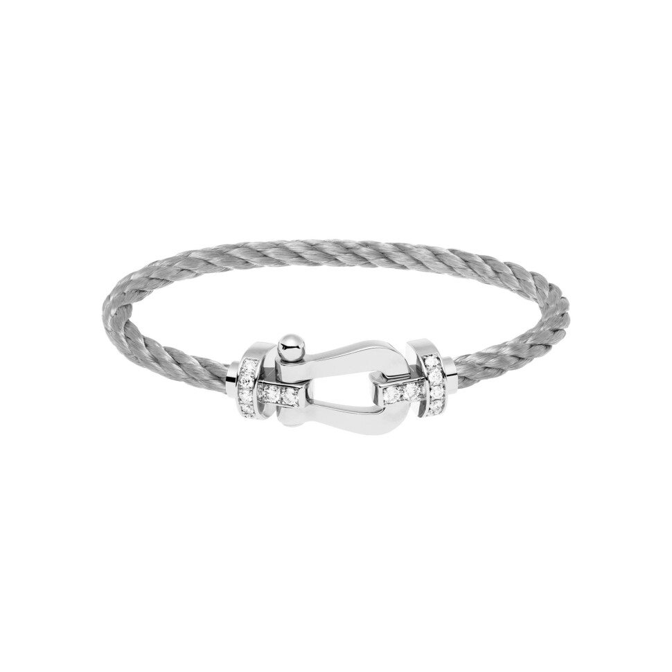 FRED Force 10 bracelet, large size, white gold buckle with diamonds, steel cable