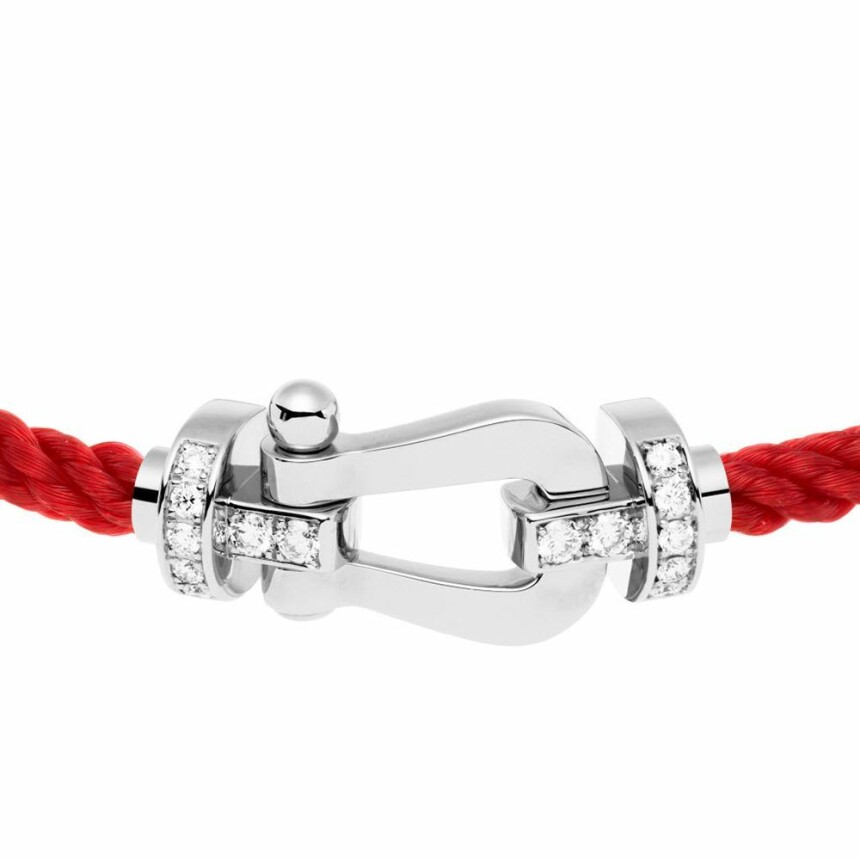 Bracelet FRED Force 10 grand modèle manille en or blanc, diamants et câble en corderie rouge