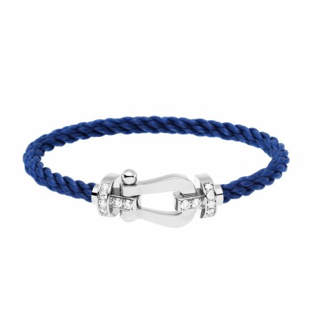 Bracelet FRED Force 10 grand modèle manille en or blanc, diamants et câble en corderie bleu indigo