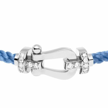 Bracelet FRED Force 10 grand modèle manille en or blanc, diamants et câble en corderie bleu indigo