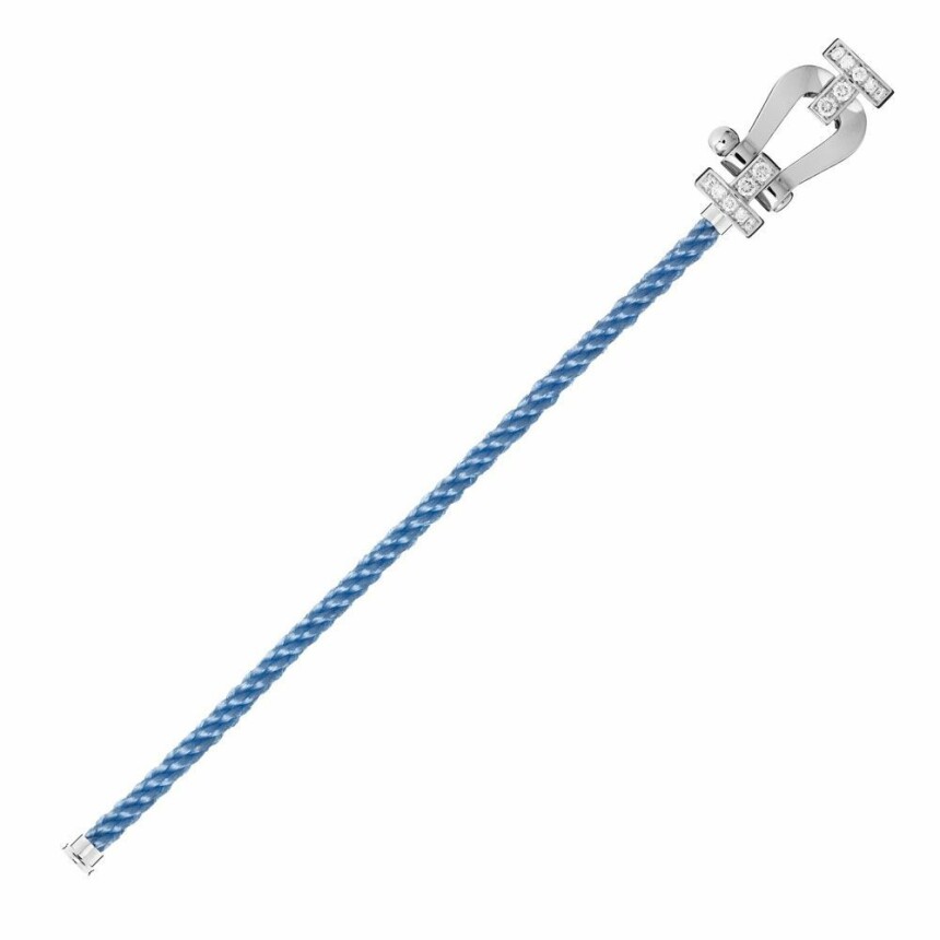 Bracelet FRED Force 10 grand modèle manille en or blanc, diamants et câble en corderie bleu indigo
